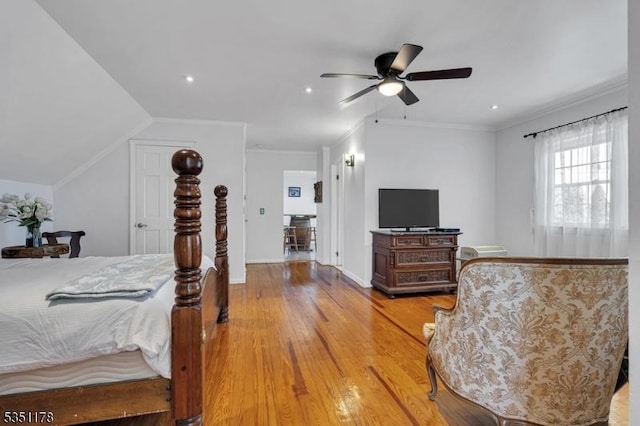 106 Anderson St, Raritan Boro, NJ 08869 - bedroom featuring light wood-style floors, crown molding, ceiling fan, lofted ceiling, and recessed lighting