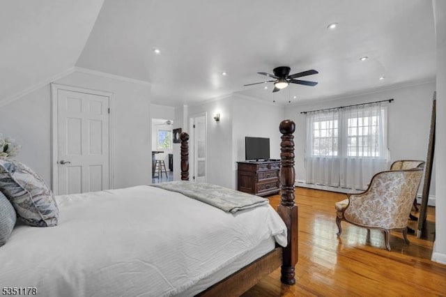 106 Anderson St, Raritan Boro, NJ 08869 - bedroom with wood finished floors, a baseboard heating unit, recessed lighting, ornamental molding, and ceiling fan