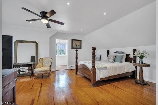 106 Anderson St, Raritan Boro, NJ 08869 - bedroom featuring light wood finished floors, a baseboard radiator, baseboards, vaulted ceiling, and recessed lighting