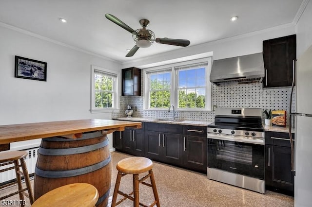 106 Anderson St, Raritan Boro, NJ 08869 - kitchen with stainless steel range with electric stovetop, wall chimney range hood, a sink, light countertops, and freestanding refrigerator