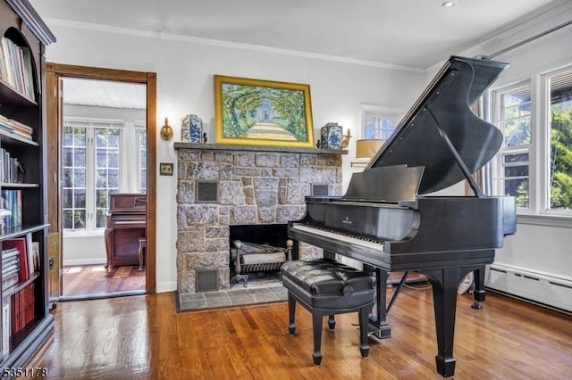 106 Anderson St, Raritan Boro, NJ 08869 - sitting room featuring plenty of natural light, wood finished floors, ornamental molding, baseboard heating, and a stone fireplace