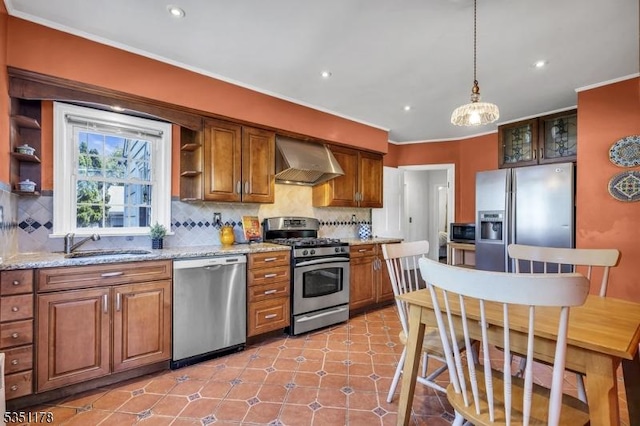 106 Anderson St, Raritan Boro, NJ 08869 - kitchen featuring appliances with stainless steel finishes, wall chimney range hood, open shelves, decorative backsplash, and ornamental molding