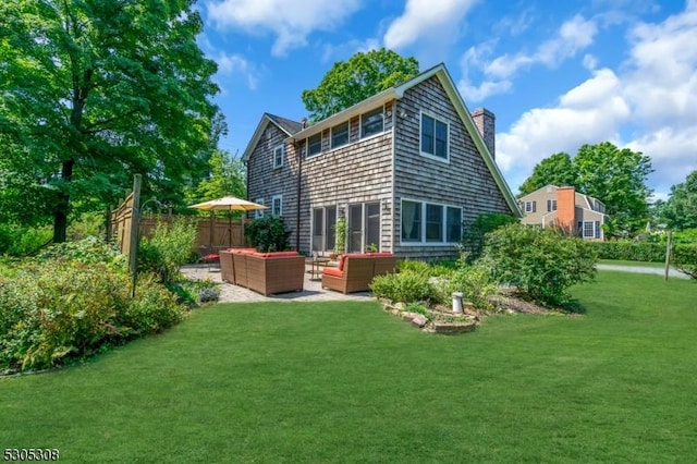 484 Rte 518, Montgomery Twp, NJ 08558 - back of house featuring an outdoor living space, a chimney, and a patio area