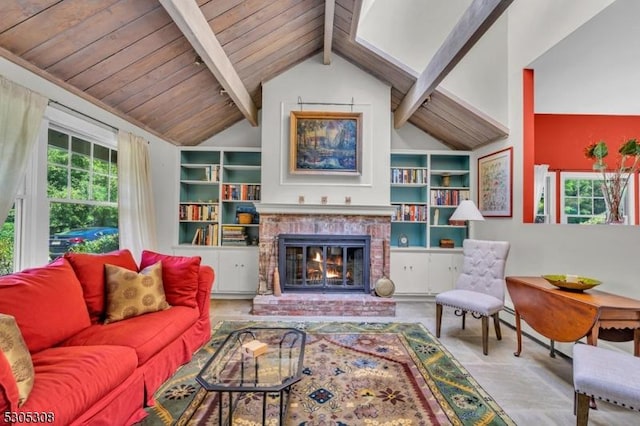484 Rte 518, Montgomery Twp, NJ 08558 - living area with wood ceiling and a brick fireplace