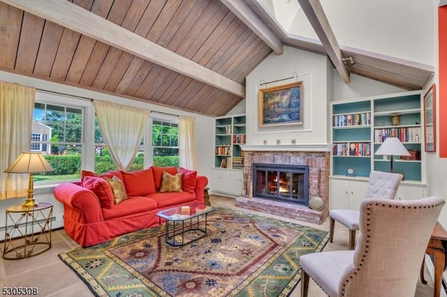 484 Rte 518, Montgomery Twp, NJ 08558 - living area featuring a fireplace, built in shelves, a baseboard heating unit, and wood ceiling