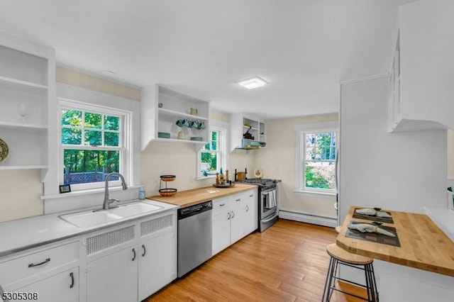 484 Rte 518, Montgomery Twp, NJ 08558 - kitchen featuring open shelves, stainless steel appliances, a sink, and baseboard heating