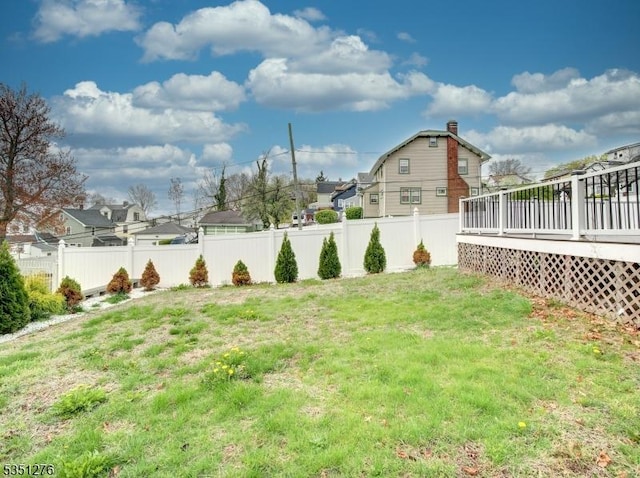 view of yard with a wooden deck, a residential view, and fence private yard