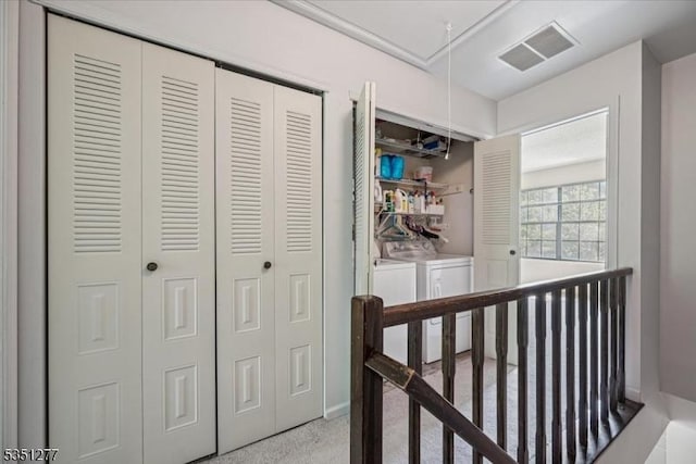 417 Penns Way, Bernards Twp, NJ 07920 - corridor with attic access, independent washer and dryer, an upstairs landing, and light colored carpet