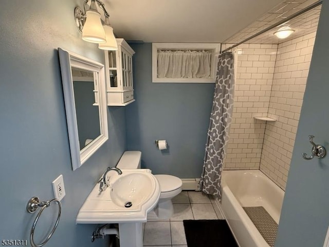 326 Spring Garden Rd, Holland Twp, NJ 08848 - full bath with toilet, a baseboard heating unit, tile patterned flooring, and shower / bathtub combination with curtain