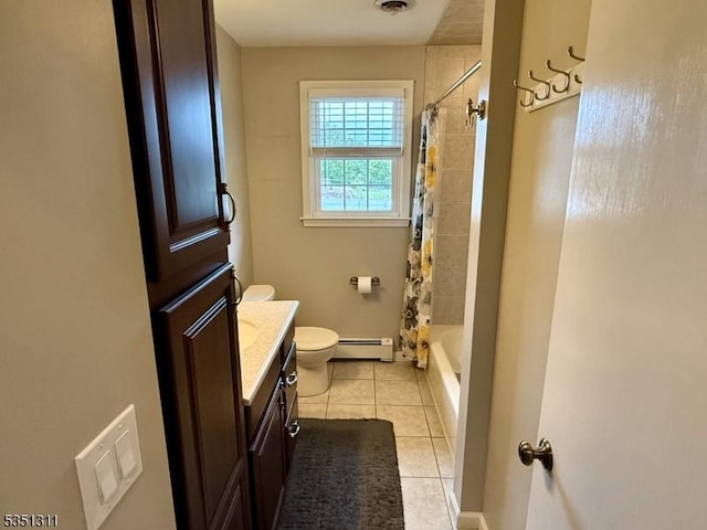 326 Spring Garden Rd, Holland Twp, NJ 08848 - bathroom with a baseboard radiator, tile patterned flooring, vanity, toilet, and shower / tub combo with curtain