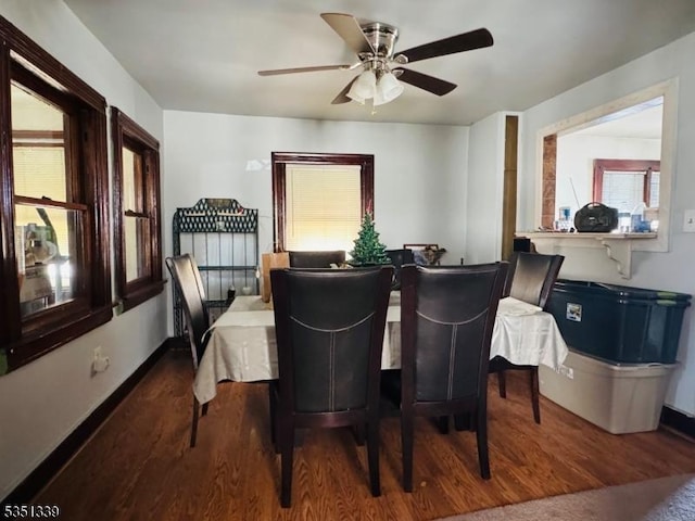 dining room featuring wood finished floors, plenty of natural light, a ceiling fan, and baseboards