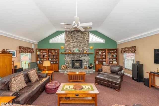 carpeted living room with a ceiling fan and high vaulted ceiling