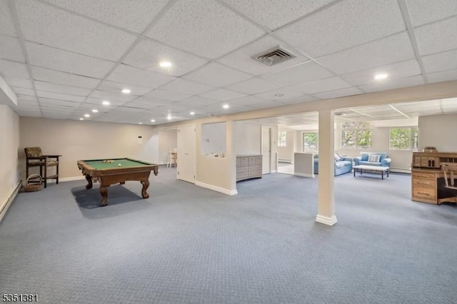 playroom with carpet flooring, baseboards, visible vents, and billiards