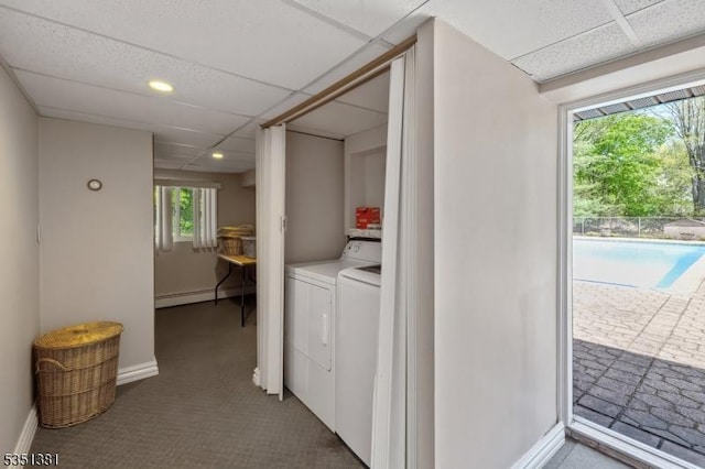clothes washing area featuring laundry area, independent washer and dryer, carpet floors, baseboards, and recessed lighting