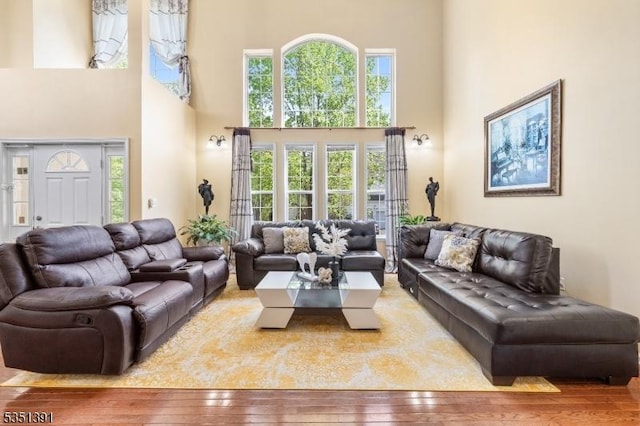 living area featuring a high ceiling and hardwood / wood-style flooring