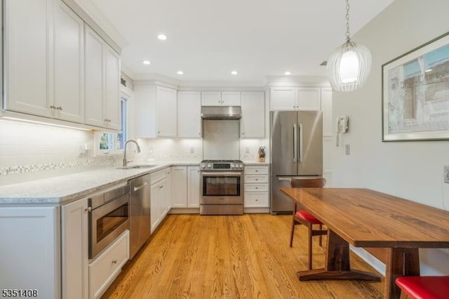 kitchen with under cabinet range hood, a sink, light wood finished floors, appliances with stainless steel finishes, and backsplash