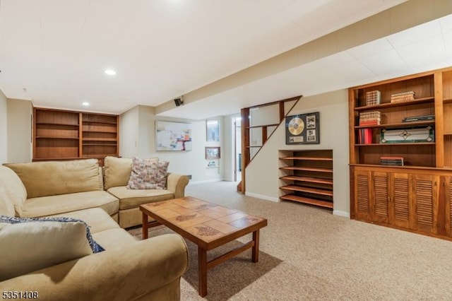 living area featuring built in features, carpet, stairs, recessed lighting, and baseboards