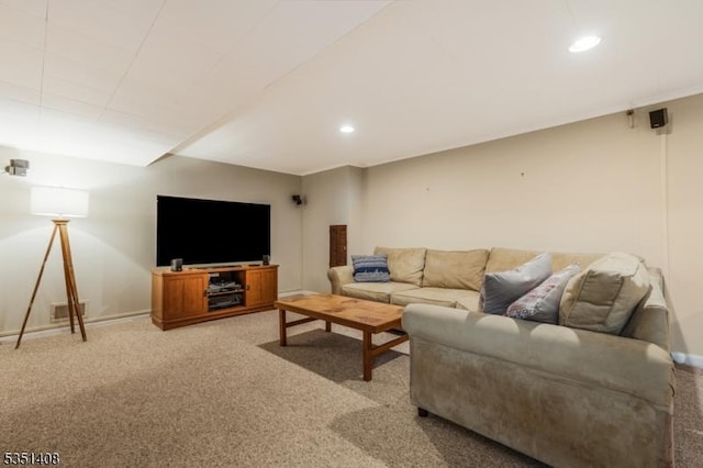 living area featuring baseboards, light carpet, recessed lighting, and visible vents