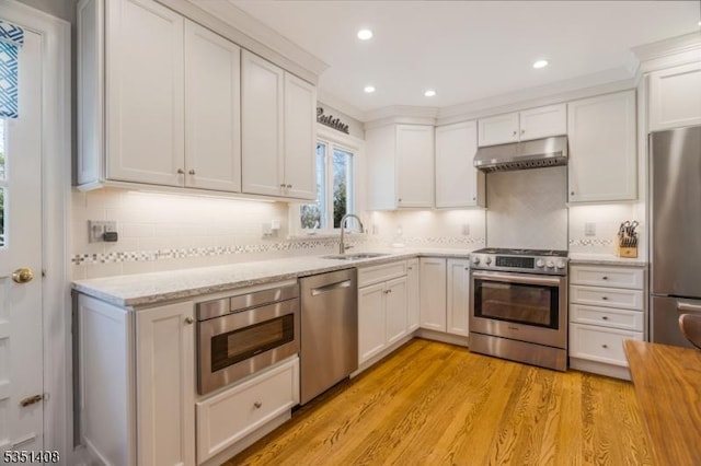 kitchen featuring decorative backsplash, appliances with stainless steel finishes, a sink, under cabinet range hood, and light wood-style flooring