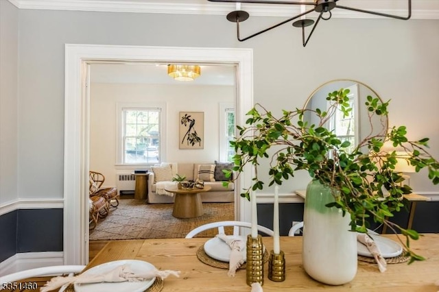 dining space with crown molding, radiator, wood finished floors, and a chandelier