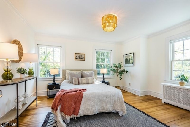 bedroom featuring radiator, multiple windows, and wood finished floors