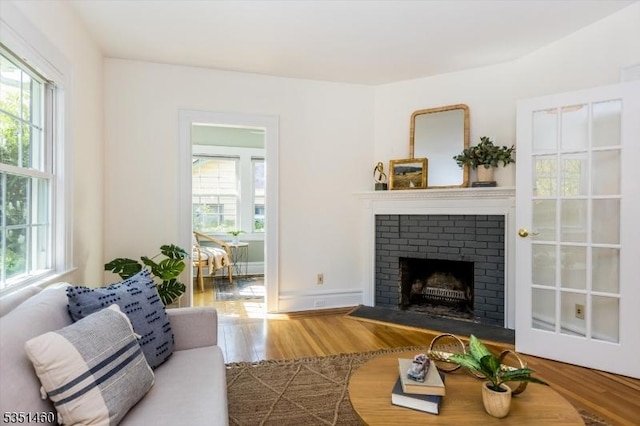 living area featuring plenty of natural light, wood finished floors, and a fireplace