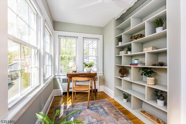 office area featuring a ceiling fan, baseboards, radiator heating unit, and wood finished floors