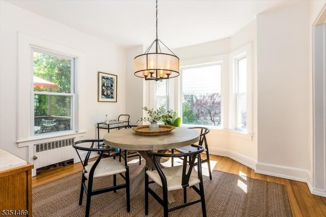 dining room with baseboards, an inviting chandelier, light wood-style flooring, and radiator