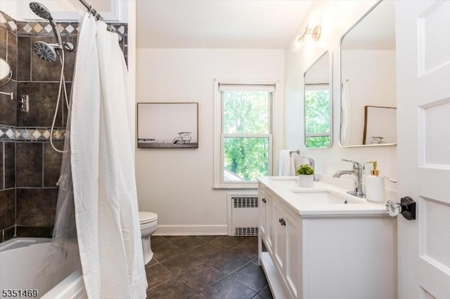 full bathroom featuring vanity, toilet, shower / bath combination with curtain, radiator heating unit, and baseboards