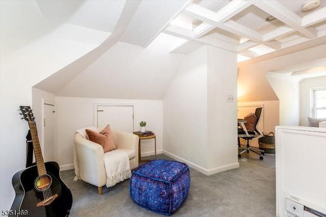 living area featuring coffered ceiling, baseboards, beamed ceiling, and carpet flooring
