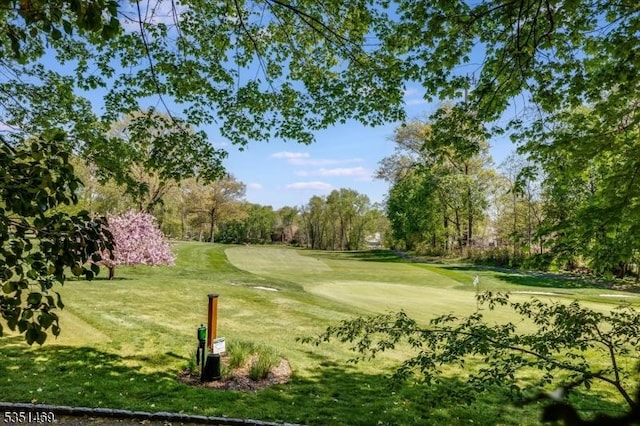 view of property's community with a lawn and golf course view