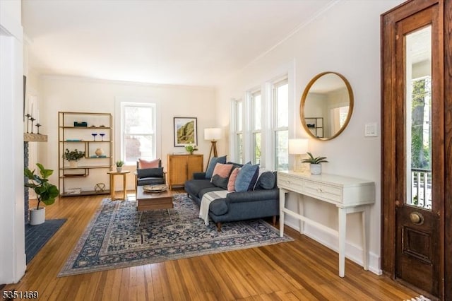 sitting room featuring ornamental molding, a wealth of natural light, and hardwood / wood-style floors