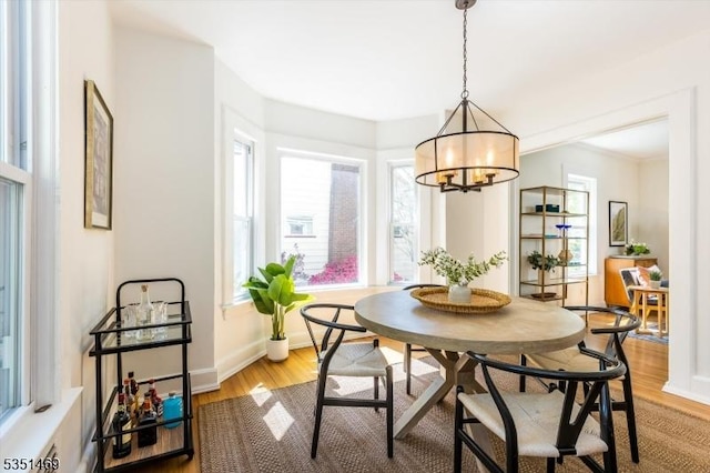 dining area featuring baseboards, a chandelier, a wealth of natural light, and light wood finished floors