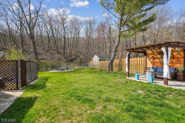 view of yard with a patio area, a fenced backyard, and an outdoor living space