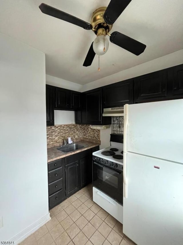244 Dupont Ave, Hopatcong Boro, NJ 07843 - kitchen with under cabinet range hood, dark cabinets, a sink, white appliances, and tasteful backsplash