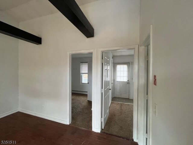 244 Dupont Ave, Hopatcong Boro, NJ 07843 - hall featuring baseboard heating, lofted ceiling with beams, baseboards, and wood finished floors