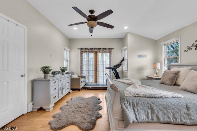 bedroom featuring light wood-style flooring, recessed lighting, and ceiling fan