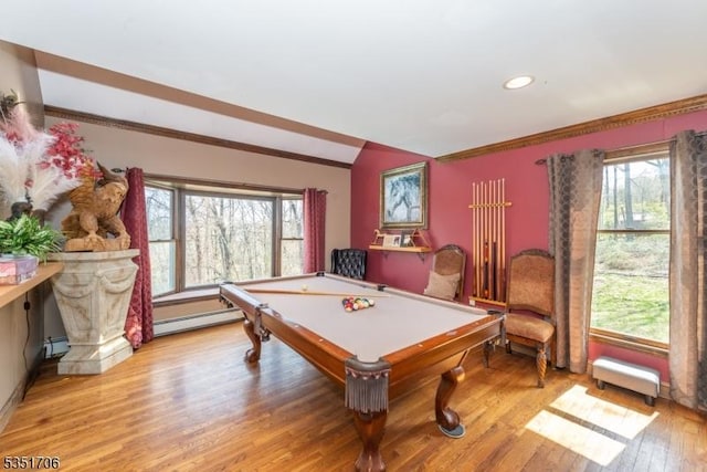 recreation room featuring ornamental molding, light wood-type flooring, pool table, and a healthy amount of sunlight