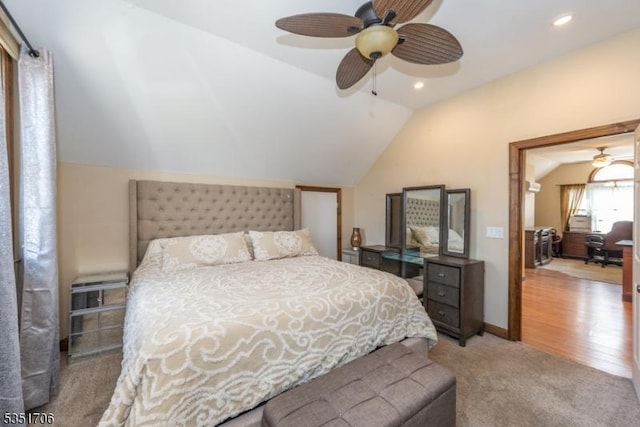 bedroom featuring recessed lighting, a ceiling fan, carpet, and lofted ceiling