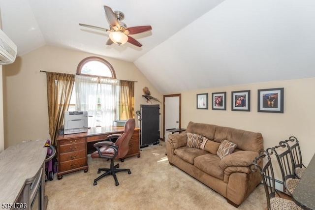 home office with a ceiling fan, light colored carpet, lofted ceiling, and an AC wall unit