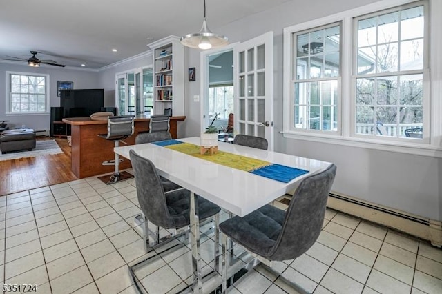 161 Orchard Rd, Montgomery Twp, NJ 08558 - dining room featuring light tile patterned floors, a ceiling fan, crown molding, and a baseboard heating unit