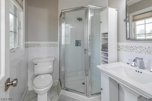 161 Orchard Rd, Montgomery Twp, NJ 08558 - full bathroom with toilet, a shower stall, wainscoting, and tile walls