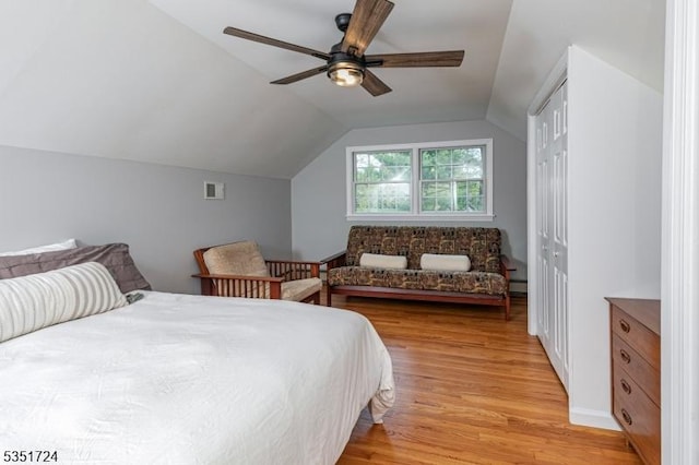 161 Orchard Rd, Montgomery Twp, NJ 08558 - bedroom with a baseboard radiator, visible vents, ceiling fan, light wood finished floors, and vaulted ceiling