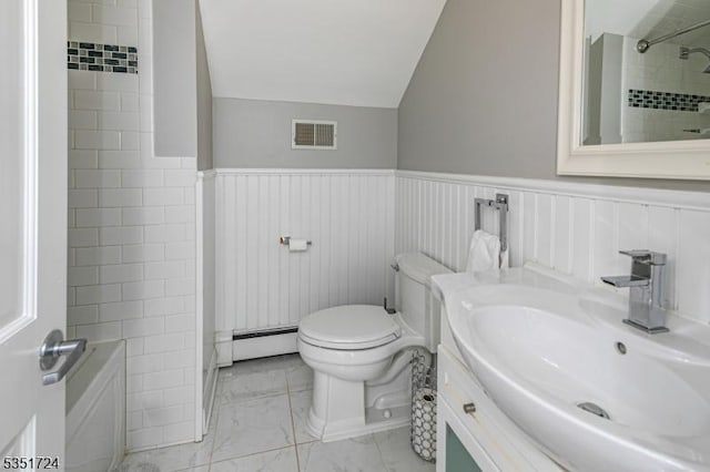161 Orchard Rd, Montgomery Twp, NJ 08558 - full bath featuring a baseboard heating unit, marble finish floor, visible vents, a shower, and lofted ceiling