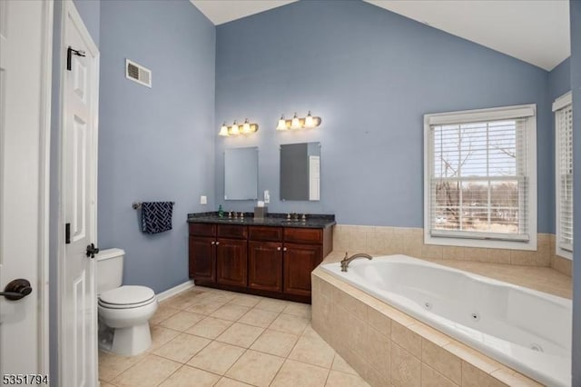 bathroom with visible vents, high vaulted ceiling, tile patterned floors, and a jetted tub
