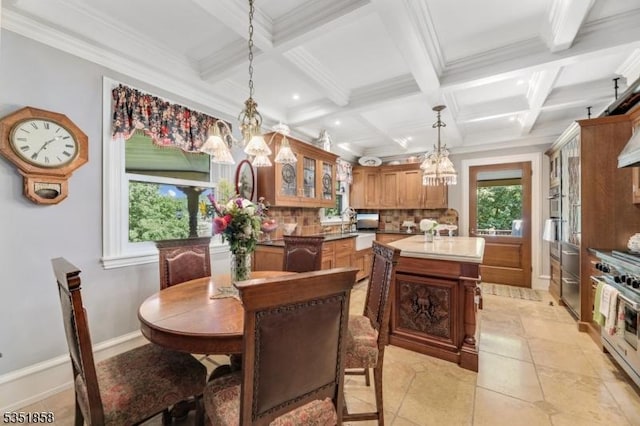 33 Edgemere Ave, Mount Arlington Boro, NJ 07856 - dining room with light tile patterned floors, crown molding, coffered ceiling, an inviting chandelier, and beam ceiling