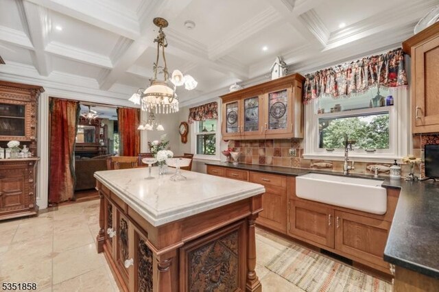 33 Edgemere Ave, Mount Arlington Boro, NJ 07856 - kitchen featuring dark countertops, coffered ceiling, a kitchen island, and a sink