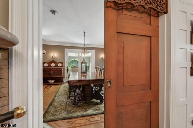 33 Edgemere Ave, Mount Arlington Boro, NJ 07856 - interior space featuring crown molding, a chandelier, and wood finished floors