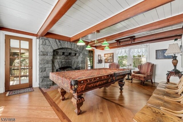 33 Edgemere Ave, Mount Arlington Boro, NJ 07856 - game room with beamed ceiling, a stone fireplace, wood finished floors, and pool table