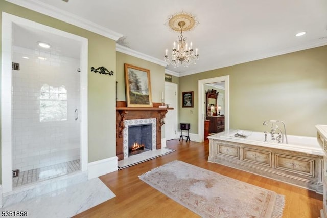 33 Edgemere Ave, Mount Arlington Boro, NJ 07856 - bathroom with a shower stall, a chandelier, a garden tub, a high end fireplace, and wood finished floors